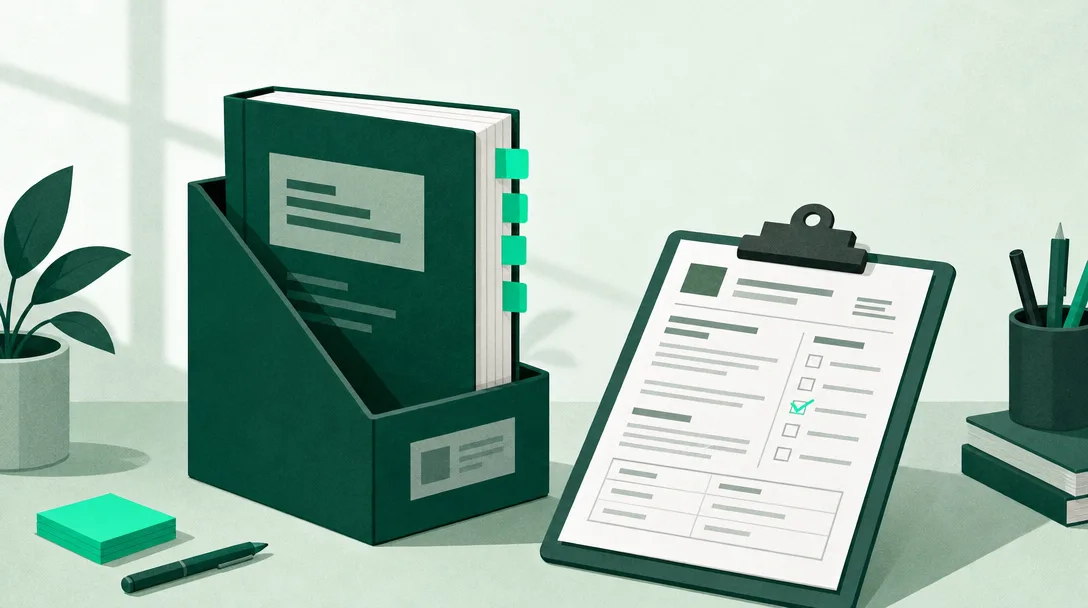A medical coding manual with tabs sits next to an assessment form on a clinical desk.