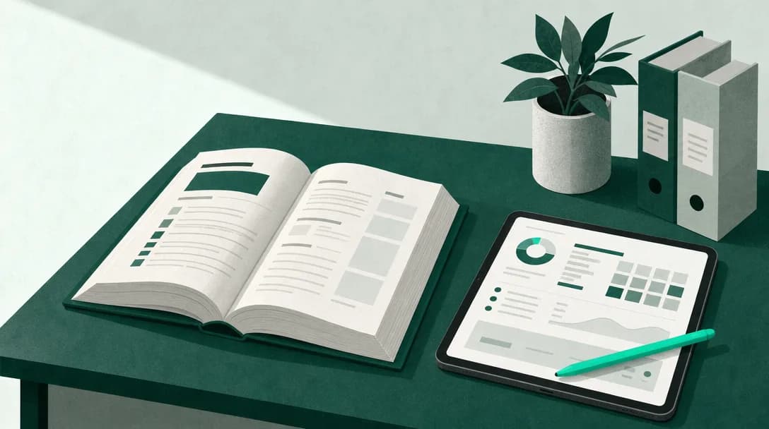 A diagnostic manual and a digital tablet with a patient chart on a green desk in a flat vector style.
