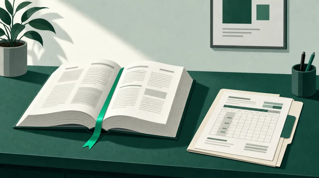 An open diagnostic manual and a clinical file folder with an assessment grid on a green desk.