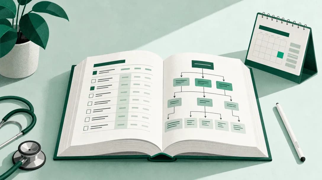 A professional clinical reference book and stylus on a desk with a coding flow chart visible on the page.