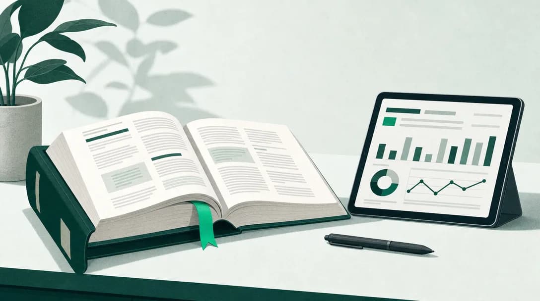 A diagnostic manual and a digital tablet with a patient chart on a desk, in a flat vector style.