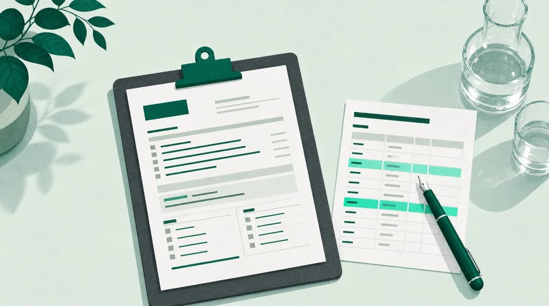 A clinical intake form on a clipboard next to a highlighted coding sheet and a green fountain pen.