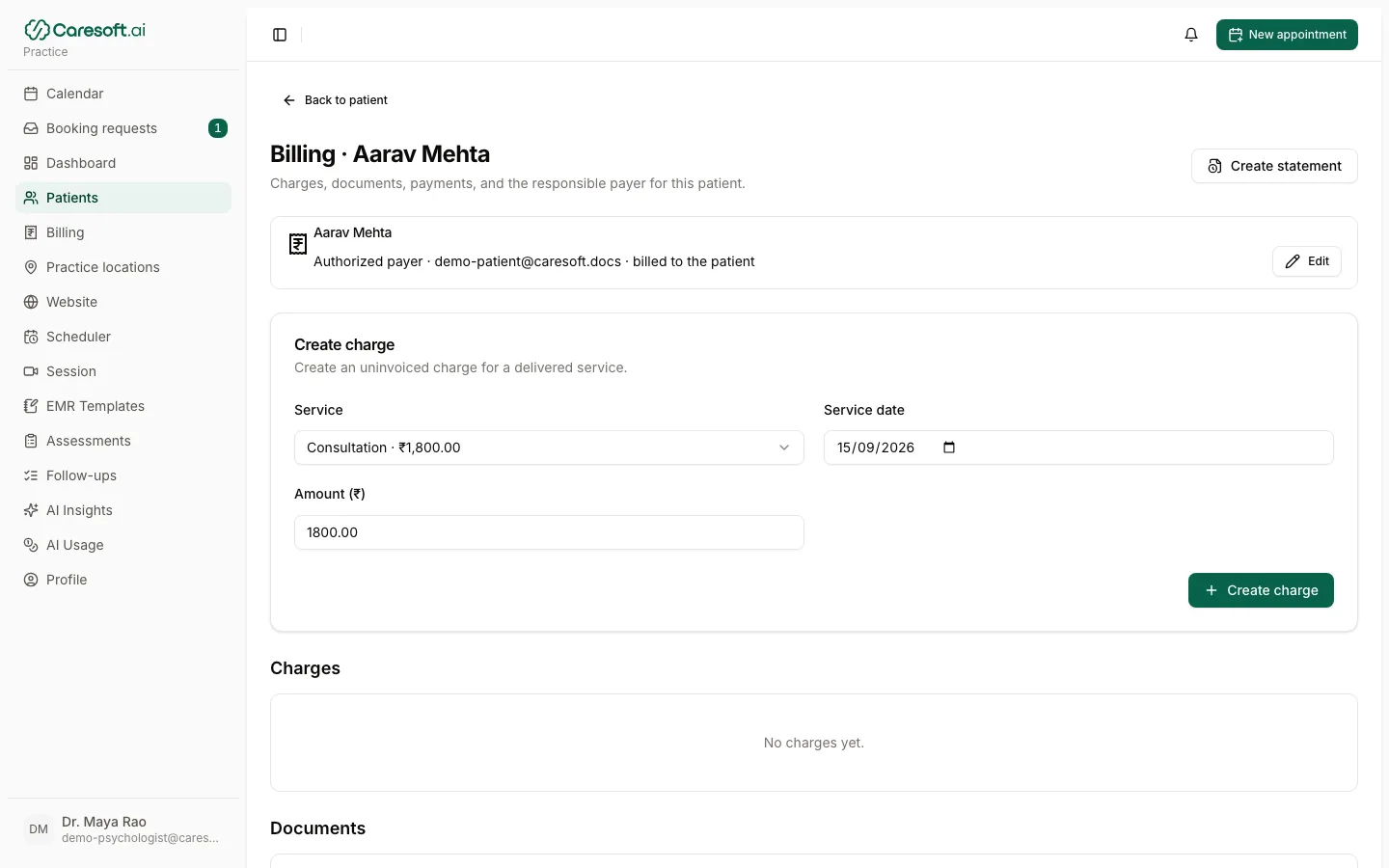 Patient billing tab